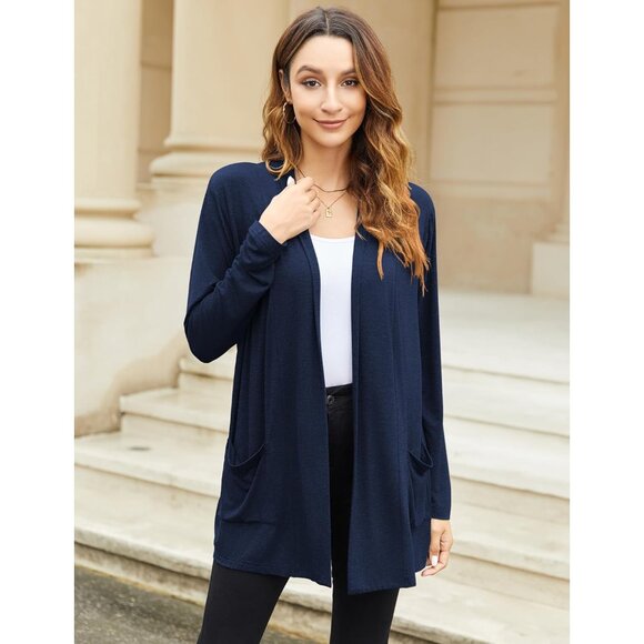 Women's Rayon Cardigan Loose Fit Pockets Open Front Long Sleeve Casual - Picture 3 of 9